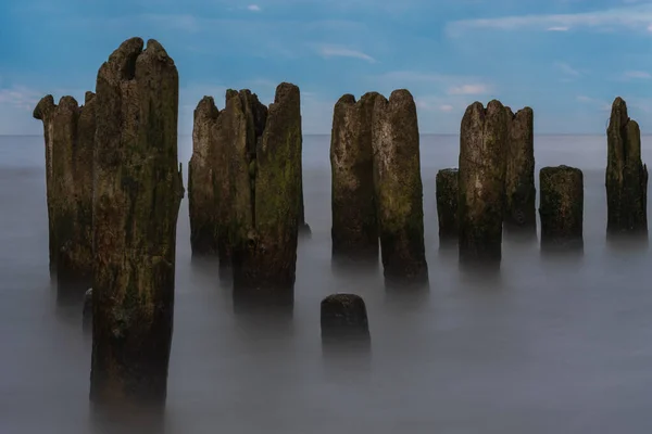 バルト海の岸で釣りの古代を思い出させると 過去の海の岸に古い木製の杭 — ストック写真