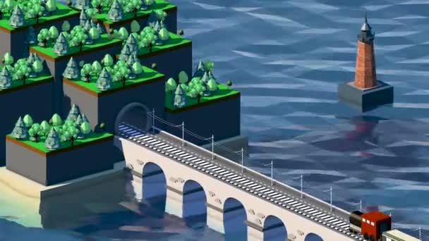 Cyfrowa Animacja Pociągu Przewożącego Drzewa Przez Most Tunelu Trójwymiarowy Animowany — Wideo stockowe