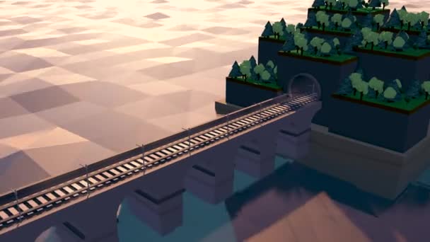 数字动画的火车运送树木过桥到隧道 在铁路桥上的3 D动画火车 卡通动画设计4K — 图库视频影像