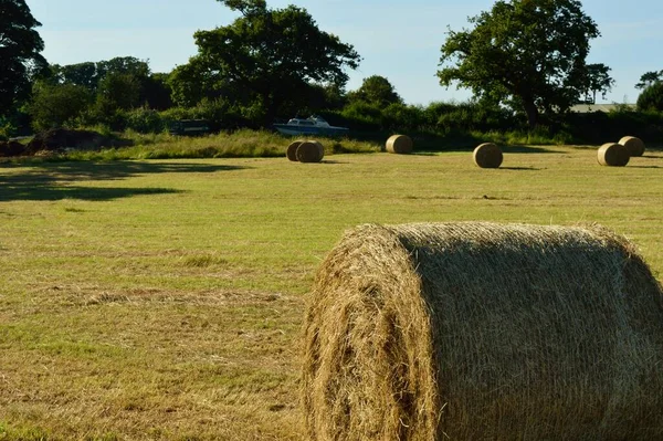 Nahaufnahme Von Heuballen Mit Verlassenem Kajütkreuzer Hintergrund — Stockfoto