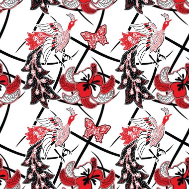 Kusursuz model vektörü. Tavus kuşu resimli Endonezya batik motifi