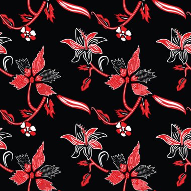Çiçek illüstrasyonlu kusursuz desen, Endonezya batik vektörü, klasik motifli