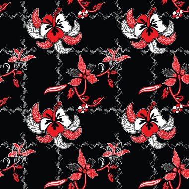 Çiçek illüstrasyonlu kusursuz desen, Endonezya batik vektörü, klasik motifli