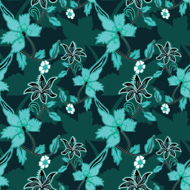 Çiçek illüstrasyonlu kusursuz desen, Endonezya batik vektörü, klasik motifli