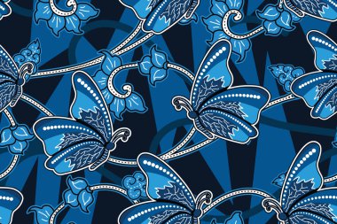 Çiçek ve kelebek resimli kusursuz desen, Endonezya batik motif vektörü