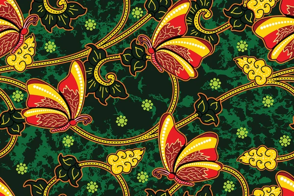Nahtloses Muster Mit Blumen Und Schmetterlingsillustration Indonesischer Batik Motivvektor — Stockvektor