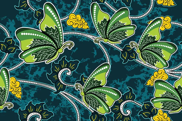 Patrón Sin Costuras Con Ilustración Floral Mariposa Vector Motivo Batik — Vector de stock