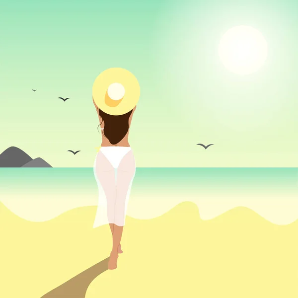 Mooie Vrouw Wit Badpak Het Strand Zomer Scene Achtergrond Vector Vectorbeelden