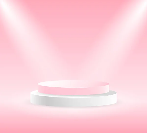 Yuvarlak beyaz ve pembe sahne podyumu ışıkla aydınlatılmış. Sahne vektör arkaplanı. Pembe arka planda ödül töreni için podyum sahnesi. Ürün sunumu için vektör temeli.