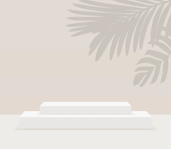 Dikdörtgen şeklinde, gölgesi olan beyaz bir podyum. Sahne vektör arkaplanı. Beyaz, kahverengi arka planda ödül töreni için podyum sahnesi. Ürün sunumu için vektör beyaz temel.