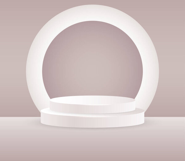 Круглый белый пьедестал почета освещается светом. Сценический векторный фон. Праздничная сцена подиума для церемонии награждения на белом, коричневом фоне. Векторный белый пьедестал для презентации продукции.