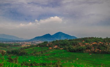 Manglayang Dağı 'nın güzel manzarası ve günbatımında bahçeler ve pirinç tarlaları. Uzun pozlama, seçici odak.