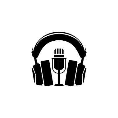 Podcast Radyo Kayıt Logosu için Basit Mikrofon Kulaklıkları Ses Dalgası