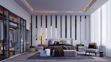 3D görüntüleme, 3D illüstrasyon, İç Sahne ve Mockup, Yatak odası ve modern mobilyalarla dolu modern soyunma odası yatağın duvarı gri bir aynayla süslenmiş. tavan gizli ışıkları.