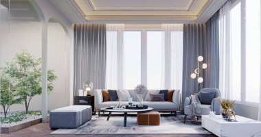 3D görüntüleme, 3D illüstrasyon, İç Sahne ve Mockup bahçe manzaralı oturma odası, gri mobilya zemin lambası, gri halı..