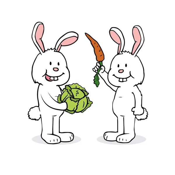 Two cartoon rabbits sharing food