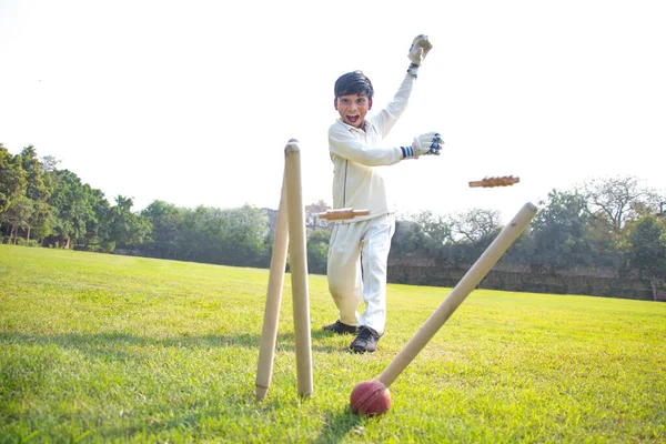 Pojke Wicket Keeper Stumpingsa Cricket Spel — Stockfoto