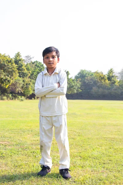 Boy Wearing Cricket Uniform Standing — Stock Photo, Image