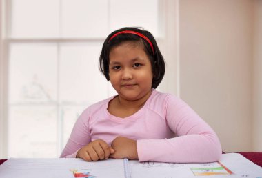 Genç kız ev ödevi yapıyor.