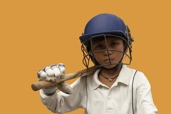 Portrait Boy Wearing Cricket Helmet Holding Bat — Stock Photo, Image