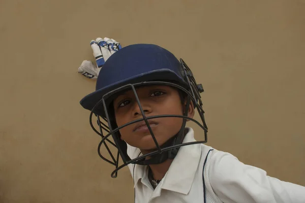 Confident Boy Wearing Cricket Helmet Ready Playing — Stock Photo, Image