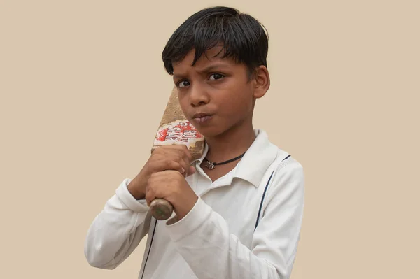 Boy Cricket Uniform Holding Bat — Stock Photo, Image