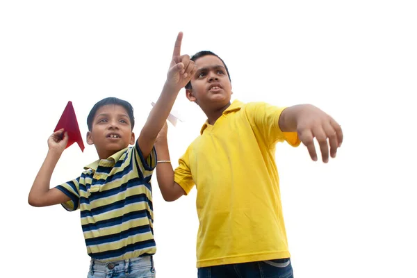 Boys Playing Paper Plane Smiling — Stock Photo, Image