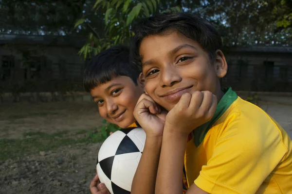 Two Indian Boy Sitting Ground Football — Stock Photo, Image