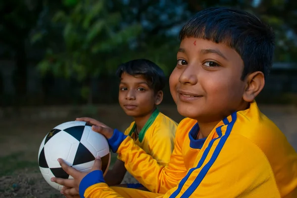Two Indian Boy Sitting Ground Football — Stock Photo, Image
