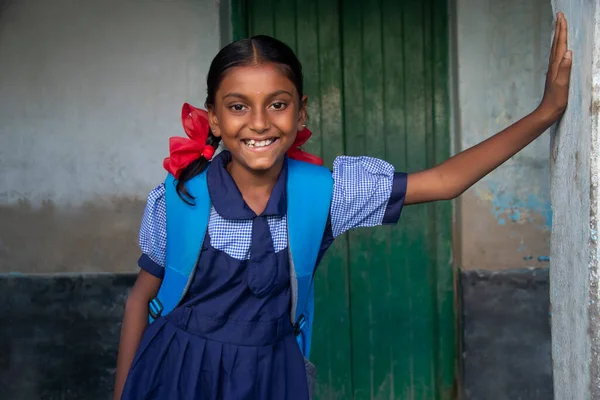 Smiling Indian Rural School Girl Standing School — Stock Fotó