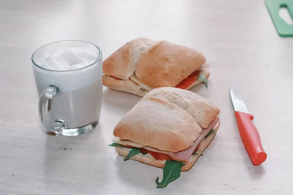 Muy Sabroso Sándwich Con Queso Ensalada Mayonesa Jamón Ideal Para — Foto de Stock