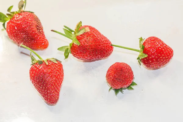 Veel Rode Rijpe Lekkere Aardbeien Liggen Een Witte Achtergrond — Stockfoto