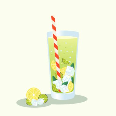 Buzlu ve samanlı bir bardak limonata. Limonlu ve limonlu içecek. Kokteyl mojito düz illüstrasyon.
