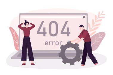Web sitesi dizüstü bilgisayar ekranında 404 hata veriyor. Adam büyük vites takıyor. Üzgün kız ne yapacağını bilemez. Sistemle veya internetle ilgili sorunlar. Ağ onarımına ihtiyacım var. Web sayfası bulunamadı. Vektör illüstrasyonu
