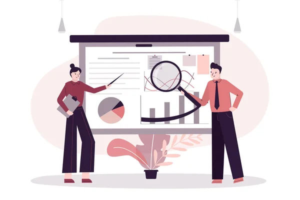 Büyüteçle iş adamı grafikleri ve grafikleri analiz eder. İş konferansında çalışanlar şirket istatistiklerini tartışıyor. Takım çalışması, toplantı ve sunum kavramı. Düz vektör illüstrasyonu