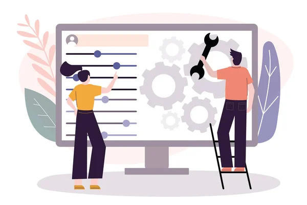 Gebruiker past instellingen op monitor. Computerscherm met gebruikers persoonlijke pagina. Gebruikersinterface aanpassing, programmering — Stockvector
