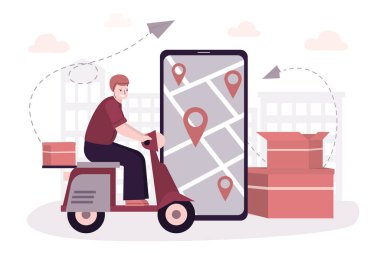 Motosikletli bir erkek kurye emirleri iletir. Satın alma başvurusu telefon ekranında. Çevrimiçi alışveriş konsepti, hızlı dağıtım.