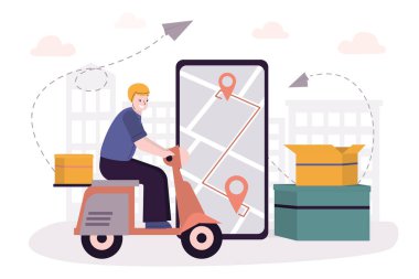 Kasklı kurye motosikletli paket teslim ediyor. Teslimatçı müşterilere paket teslim eder.