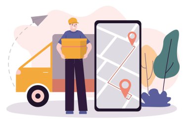 Kurye paketleri teslim etti. İşçi paketi çevrimiçi pazardan gönderilmiş. Cep telefonu ekranında GPS uygulaması. Hızlı teslimat ve nakliye şirketi.