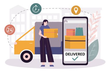 Dişi kurye paketleri teslim etti. İşçi paketi çevrimiçi pazardan gönderilmiş. Telefon ekranından alışveriş başvuruları. Ekspres dağıtım servisi