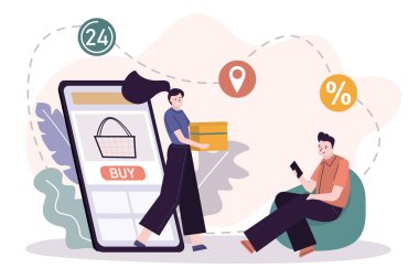 Kurye müşteriye paketi teslim eder. Erkek karakter e-mağazadan farklı ürünler sipariş etti