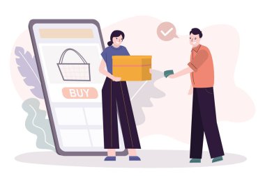 Kurye siparişi müşteriye ulaştırdı. Erkek karakter çevrimiçi sipariş için para ödüyor. Karton kutulu hoş bir kadın.