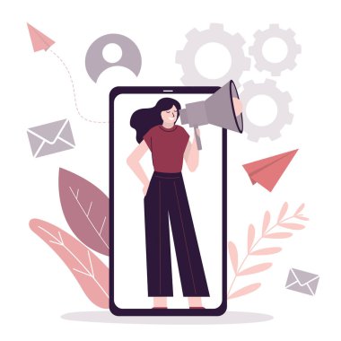 Megafonlu şirin kız yeni sosyal medya reklamları yapıyor. Hoparlörlü kadın karakter yeni ürünü tanıtıyor. Akıllı telefon ekranındaki iş kadını ürünlerin reklamını yapıyor. Moda düz vektör illüstrasyonu