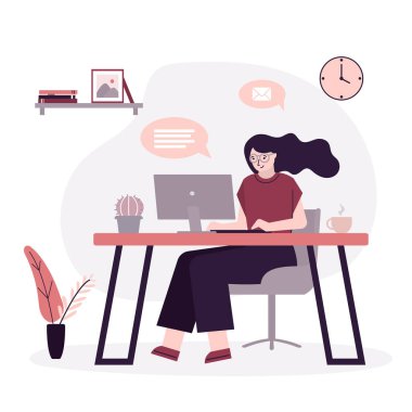 İş kadını ya da bilgisayar başında çalışan serbest çalışan biri. Kadın karakter masaüstünde oturur ve çalışır