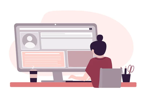 UI feminino e designer UX construir site no monitor. Mulher no local de trabalho codificando o site da internet. Construção, desenvolvimento e programação página web —  Vetores de Stock