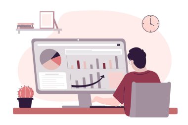 İş yerindeki pazarlamacı. Erkek çalışan grafikleri ve çizelgeleri analiz eder. Masaüstünde iş projesi geliştiren profesyonel bir analist. Bilgisayar ekranı, arka plan. Düz vektör illüstrasyonu