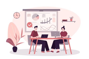 İş konuşmasındaki insanlar. Ortaklar yeni proje geliştiriyor. Çalışanlar oturur ve iş sorularını tartışırlar. Sunum kurulu. Takım beyin fırtınası yapıyor ve konuşuyor. Takım çalışması konsepti. Vektör illüstrasyonu