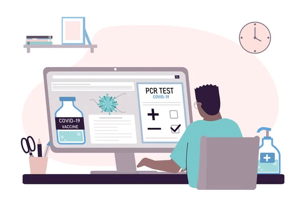 Afro-Amerikalı adam PCR test sonuçlarını kontrol ediyor. Bilgisayar ekranında koronavirüs hakkında çeşitli bilgiler var. Erkek karakter covid-19 'dan etkilenmemiş. Test sonucu negatif. Moda düz vektör illüstrasyonu