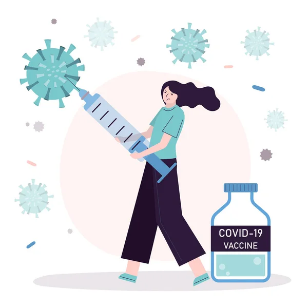 Femme Avec Seringue Combat Les Bactéries Coronavirus Fille Avec Des — Image vectorielle