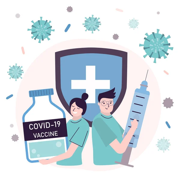 Équipe Médecins Tenant Tube Seringue Avec Injection Coronavirus Travailleurs Médicaux — Image vectorielle